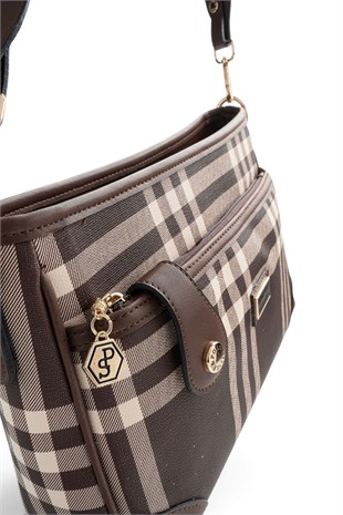 Silver Polo Kahve - Kahve Çizgili Ekose Kadın Çapraz Çanta SP1160