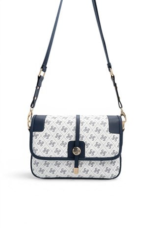 Silver Polo Beyaz - Lacivert Monogram Kadın Çapraz Çanta SP1182