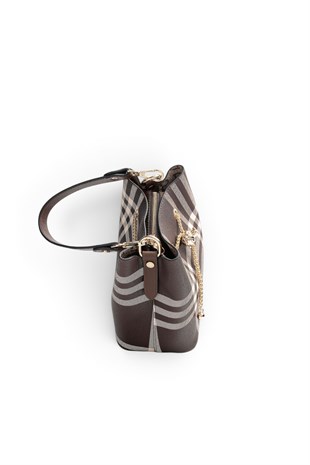 Silver Polo Kahve - Kahve Çizgili Ekose Kadın Çapraz Çanta SP1266