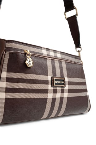 Silver Polo Kahve - Kahve Çizgili Ekose Kadın Çapraz Çanta SP1273