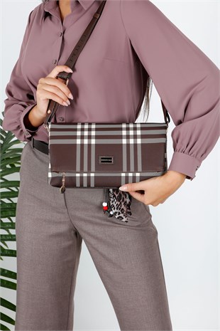 Silver Polo Kahve - Kahve Çizgili Ekose Kadın Çapraz Çanta SP1278