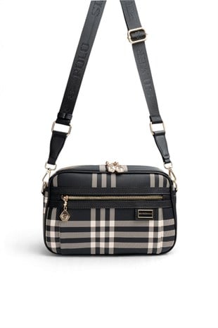 Silver Polo Siyah - Siyah Çizgili Ekose Kadın Çapraz Çanta SP1280