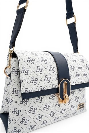 Silver Polo Beyaz - Lacivert Monogram Kadın Çapraz Çanta SP1287