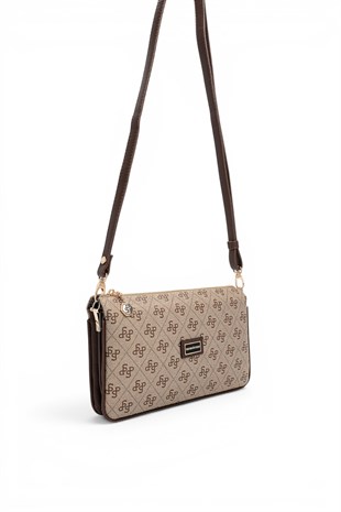 Silver Polo Koyu Bej - Kahve Monogram Kadın Çapraz Çanta SP1291