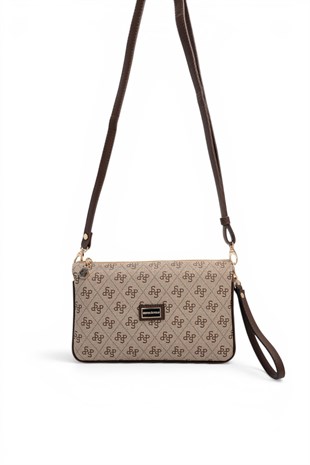Silver Polo Koyu Bej - Kahve Monogram Kadın Çapraz Çanta SP1291