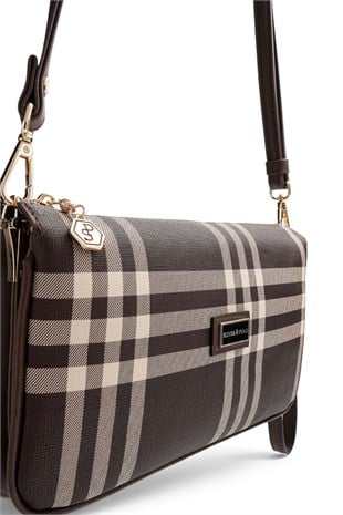 Silver Polo Kahve - Kahve Çizgili Ekose Kadın Çapraz Çanta SP1291