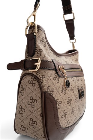 Silver Polo Koyu Bej - Kahve Monogram Kadın Çapraz Çanta SP1296