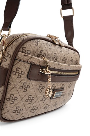 Silver Polo Koyu Bej - Kahve Monogram Kadın Çapraz Çanta SP1297