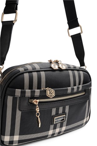 Silver Polo Siyah - Siyah Çizgili Ekose Kadın Çapraz Çanta SP1297