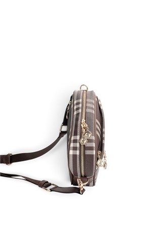 Silver Polo Kahve - Kahve Çizgili Ekose Kadın Çapraz Çanta SP1297