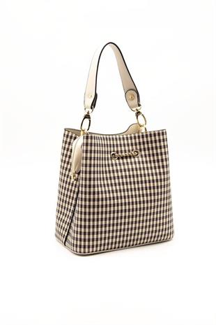 Silver & Polo SP967 Kadın Çapraz Çanta Ekose Line Kare Kahve Sarı-Bej