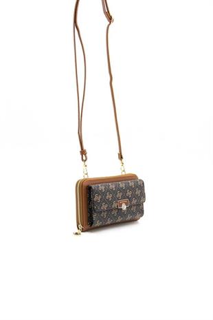 Silver & Polo SP921 Kadın Telefon Çantası Monogram Kahve Sarı-Taba
