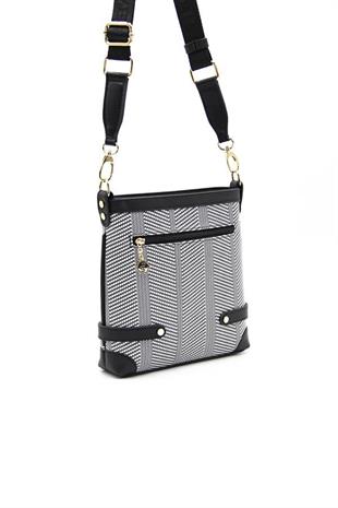 Silver & Polo SP1120 Kadın Çapraz Çanta Hasır Siyah Beyaz-Siyah