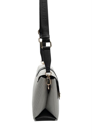 Silver & Polo SP1275 Kadın Çapraz Çanta Hasır Siyah Beyaz-Siyah