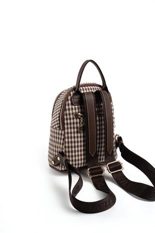 Silver & Polo SP983 Kadın Sırt Çantası Ekose Line Kare Kahve Sarı-Kahve