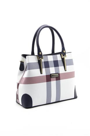 Silver & Polo SP667 Kadın El Çantası Ekose Beyaz-Lacivert