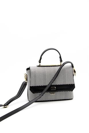 Silver & Polo SP838 Kadın Çapraz Çanta Hasır Siyah Beyaz-Siyah