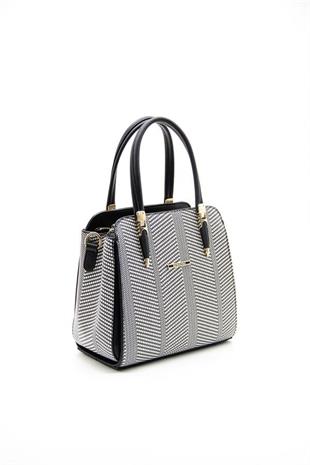 Silver & Polo SP1136 Kadın El Çantası Hasır Siyah Beyaz-Siyah