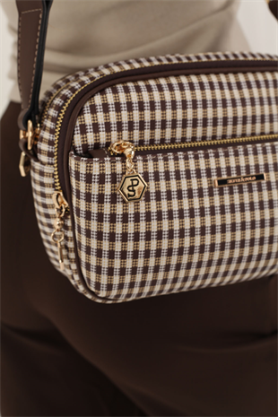 Silver & Polo SP1162 Kadın Çapraz Çanta Ekose Line Kare Kahve Sarı-Kahve