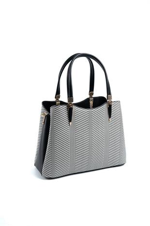Silver & Polo SP1205 Kadın El Çantası Hasır Siyah Beyaz-Siyah