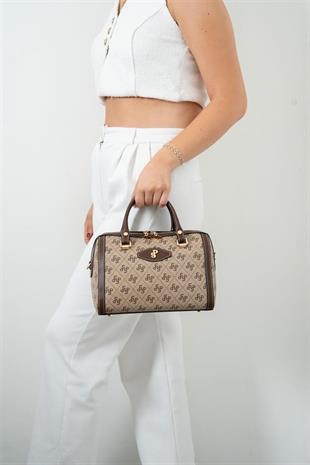 Silver & Polo SP1091 Kadın El Çantası Monogram Koyubej-Kahve