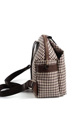 Silver Polo Kahve Sarı - Kahve Ekose Line Kare Kadın Sırt Çantası SP771