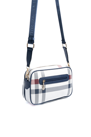 Silver & Polo SP1267 Kadın Çapraz Çanta Ekose Beyaz-Lacivert