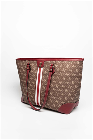 Silver Polo SP1169 Kadın Omuz Çantası Şeritli Monogram Kahve-Bordo