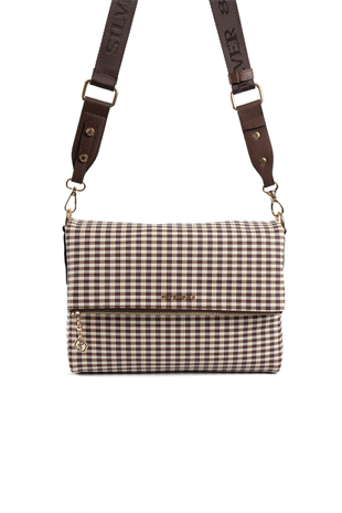 Silver & Polo SP963 Kadın Çapraz Çanta Ekose Line Kare Kahve Sarı-Kahve