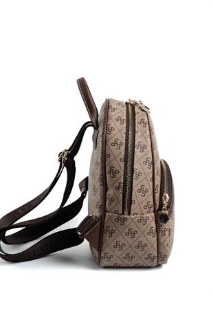 Silver & Polo SP945 Kadın Sırt Çantası Monogram Koyubej-Kahve