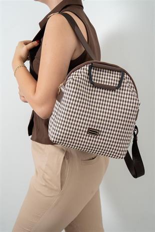 Silver Polo Kahve Sarı - Kahve Ekose Line Kare Kadın Sırt Çantası SP771