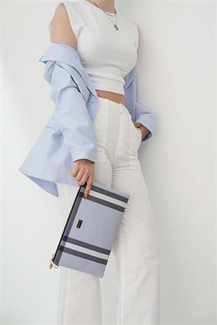 Silver Polo Mavi - Kemik Ekose Kadın Portföy ve Clutch El Çantası SP1034