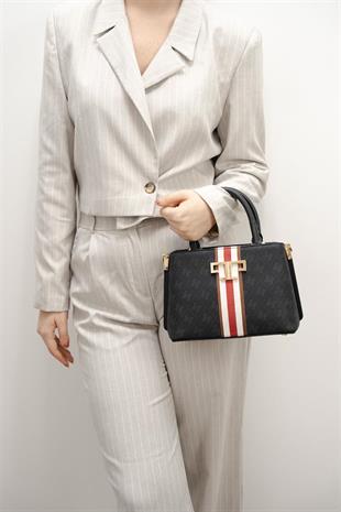 Silver & Polo SP987 Kadın El Çantası Şeritli Monogram Siyah
