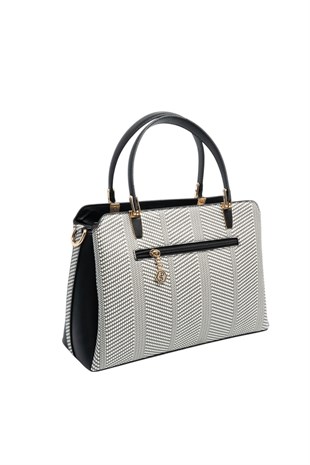 Silver & Polo SP9721 Kadın El Çantası Hasır Siyah Beyaz-Siyah