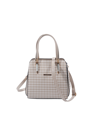Silver & Polo SP1136 Kadın El Çantası Ekose Line Kare Kum Beji