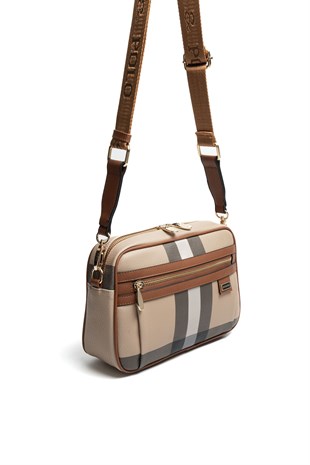 Silver & Polo SP1280 Kadın Çapraz Çanta Ekose Bej-Taba
