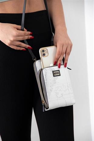 Silver & Polo SP1011 Kadın Telefon Çantası Harita Beyaz-Antrasit