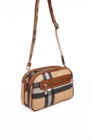 Silver & Polo SP745 Kadın Çapraz Çanta Ekose Bej-Taba
