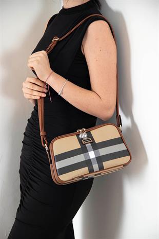 Silver & Polo SP899 Kadın Çapraz Çanta Ekose Bej-Taba