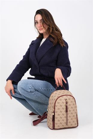 Silver & Polo SP901 Kadın Sırt Çantası Monogram Koyu Bej-Bordo