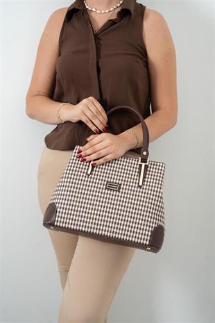 Silver & Polo SP667 Kadın El Çantası Ekose Line Kare Kahve Sarı-Kahve