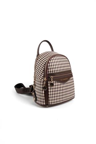 Silver & Polo SP983 Kadın Sırt Çantası Ekose Line Kare Kahve Sarı-Kahve