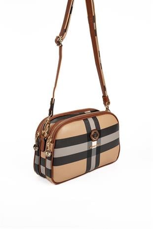 Silver & Polo SP745 Kadın Çapraz Çanta Ekose Bej-Taba