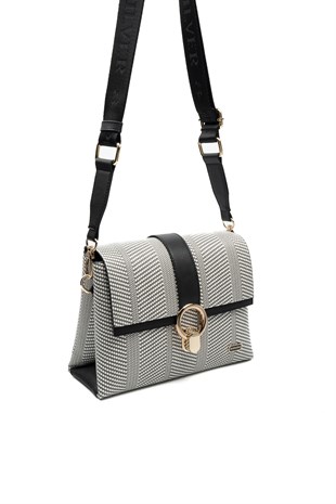 Silver & Polo SP1275 Kadın Çapraz Çanta Hasır Siyah Beyaz-Siyah