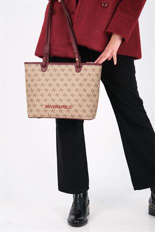 Silver & Polo Koyu Bej - Bordo SP1204 Kadın Omuz Çantası