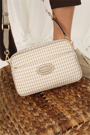 Silver & Polo SP1267 Kadın Çapraz Çanta Ekose Line Kare Kum Beji