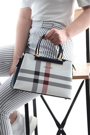 Silver & Polo SP913 Kadın El Çantası Ekose Beyaz-Lacivert