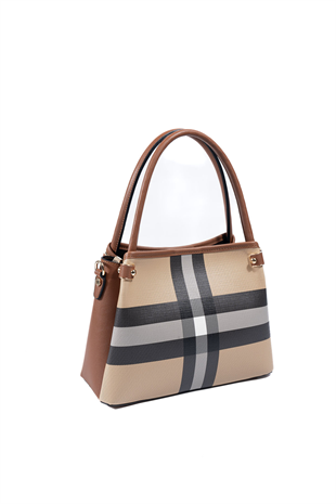 Silver & Polo SP1254 Kadın El Çantası Ekose Bej-Taba
