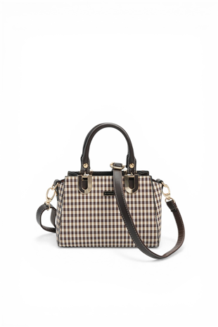 Silver & Polo SP1281 Kadın El Çantası Ekose Line Kare Kahve Sarı-Kahve