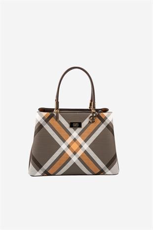 Silver & Polo SP1098 Kadın El Çantası Ekose Haki-Kahve
